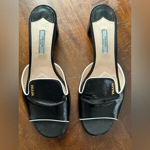 Prada Black & White Gold Mules Open Toed Shoes Heels Slides size EU 40 or US 9